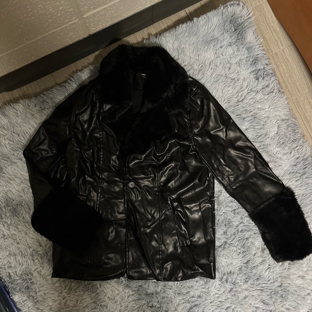 SHEIN Black Leather Jacket with Faux Fur Accents